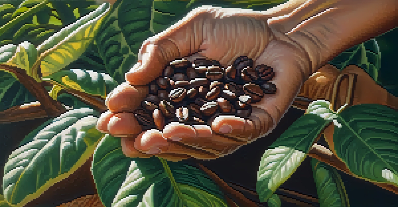 A close-up of a farmer's hands holding organic coffee beans in a coffee plantation.