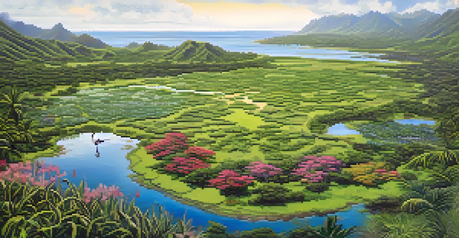 An aerial view of a restored Hawaiian habitat with native plants and nene geese, showcasing conservation efforts.
