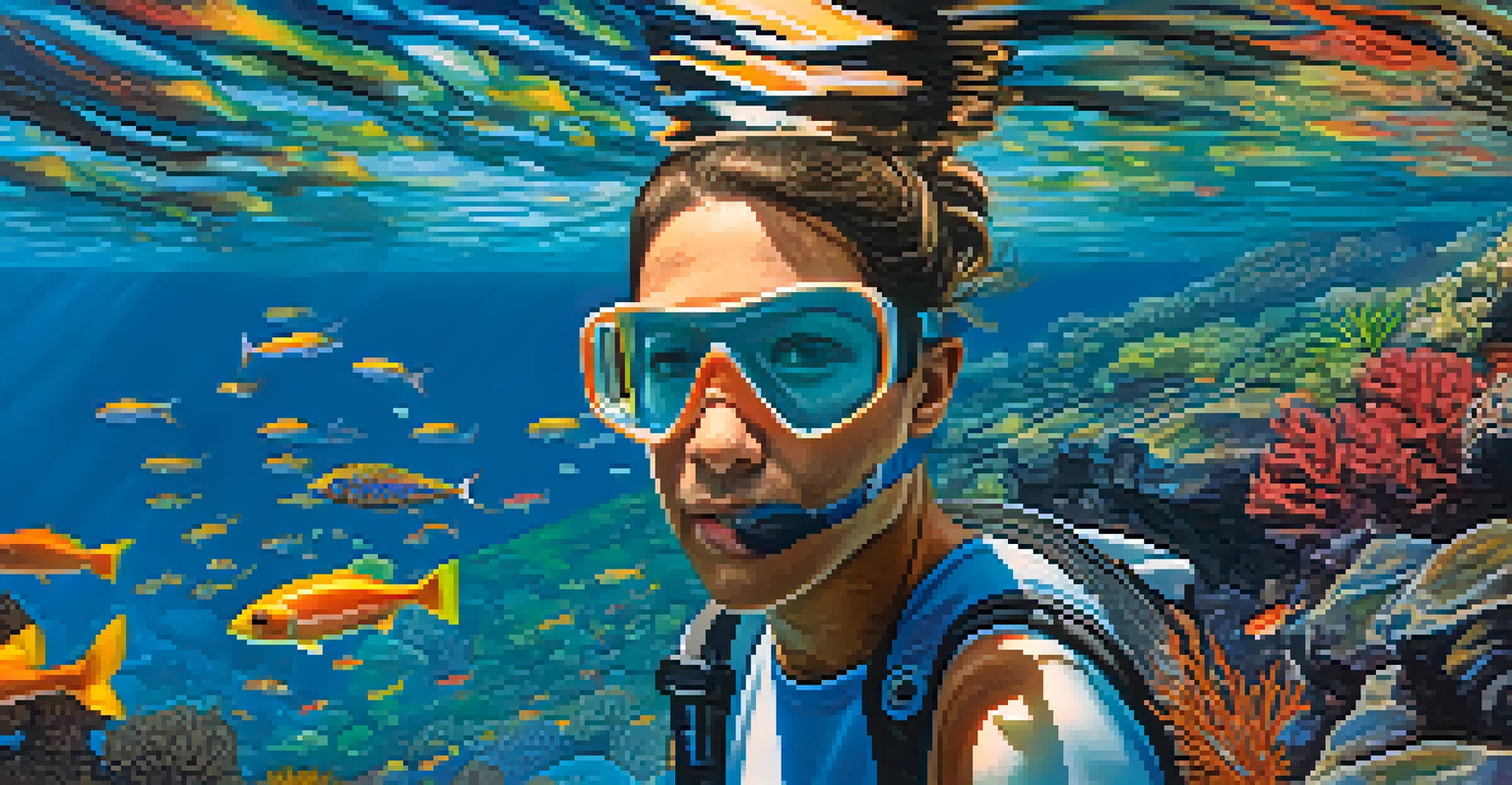 A snorkeler observing colorful fish in a clear Hawaiian ocean, surrounded by coral.