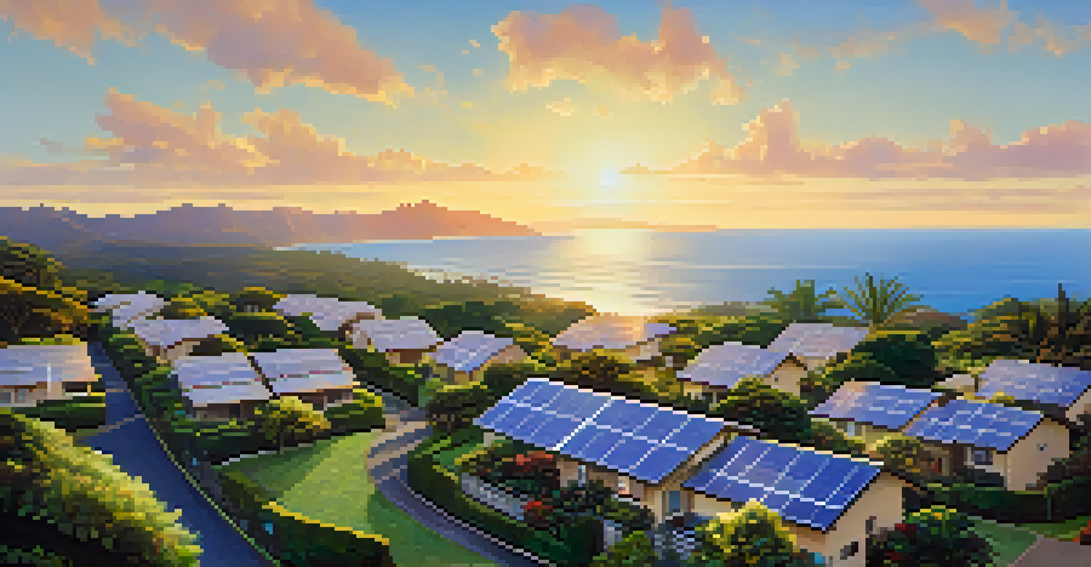 Aerial view of Hawaiian homes with solar panels surrounded by greenery and ocean.