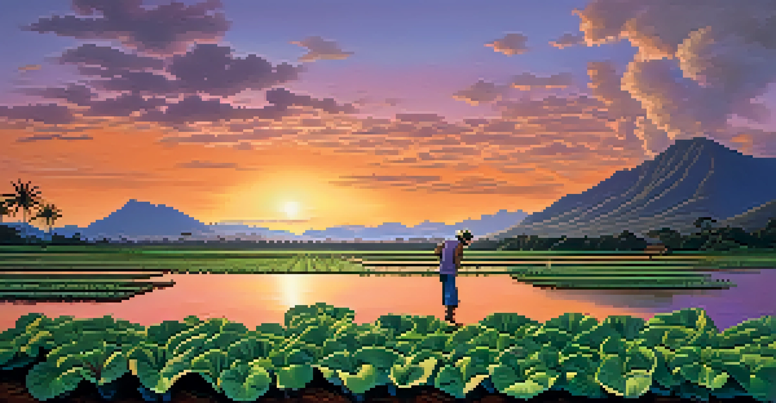 Traditional Hawaiian farming scene at sunset with a farmer tending to taro plants and mountains in the background.