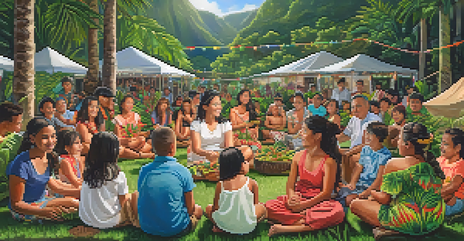 A community gathering with families and children practicing Hawaiian language storytelling amidst traditional decorations and nature.