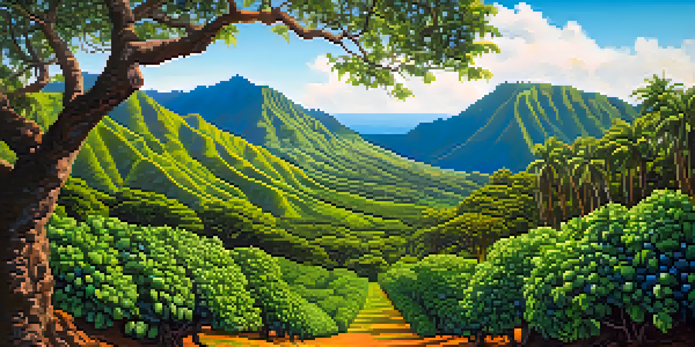 A beautiful view of macadamia nut trees in Hawaii, showcasing lush greenery and bright blue skies.