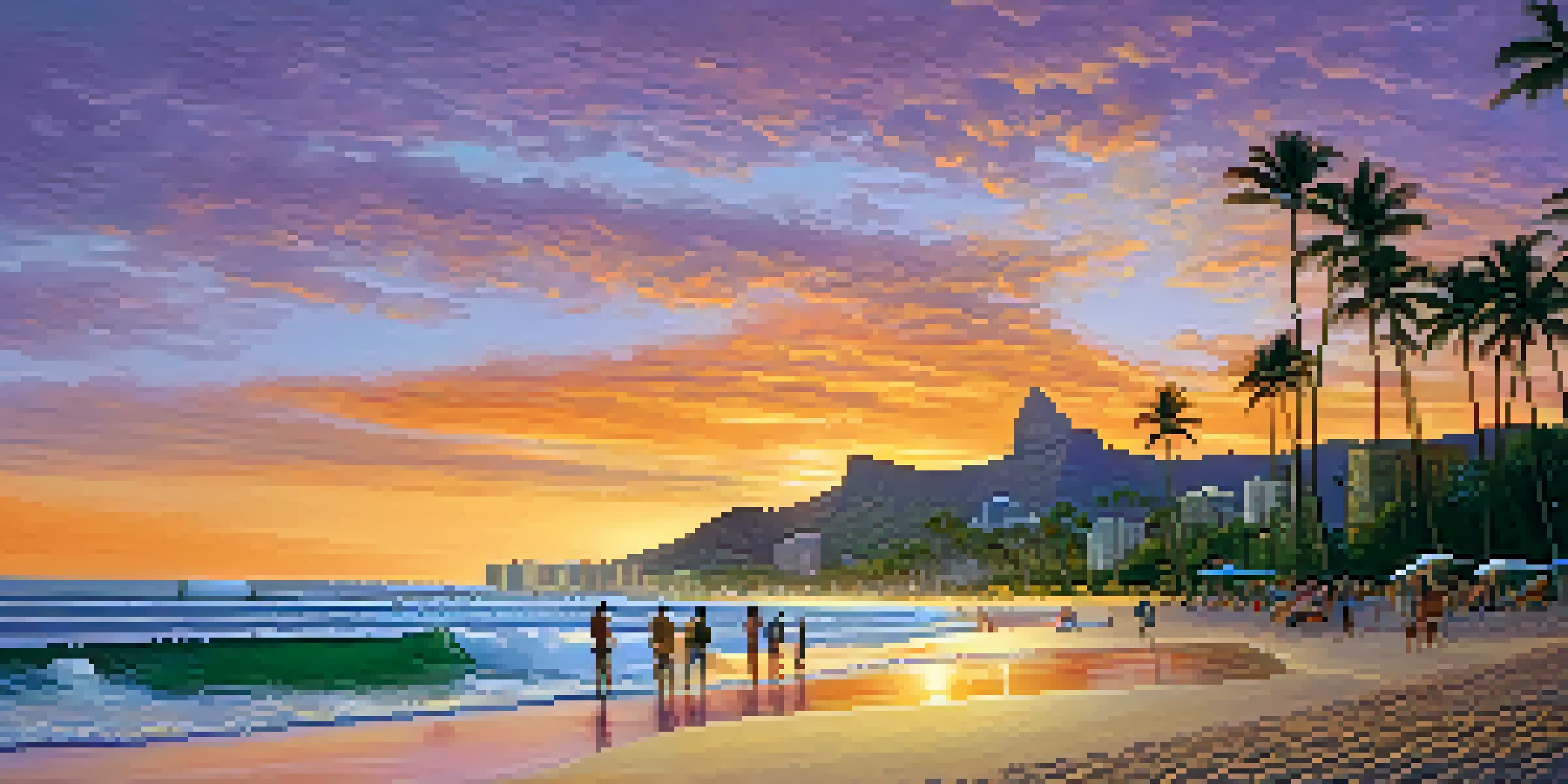 A scenic sunset view of Waikiki Beach with surfers and Diamond Head in the background.