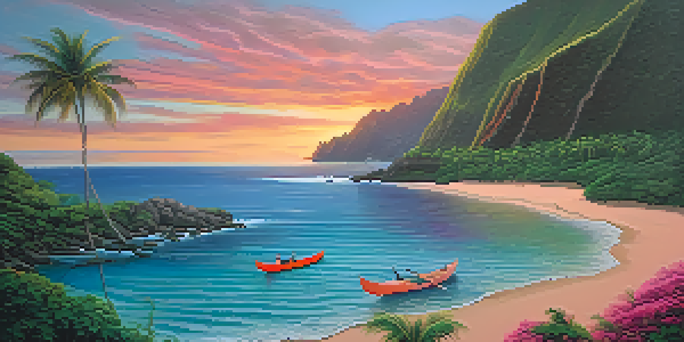 An aerial view of a Hawaiian beach at sunset with vibrant colors and a traditional canoe on the water.