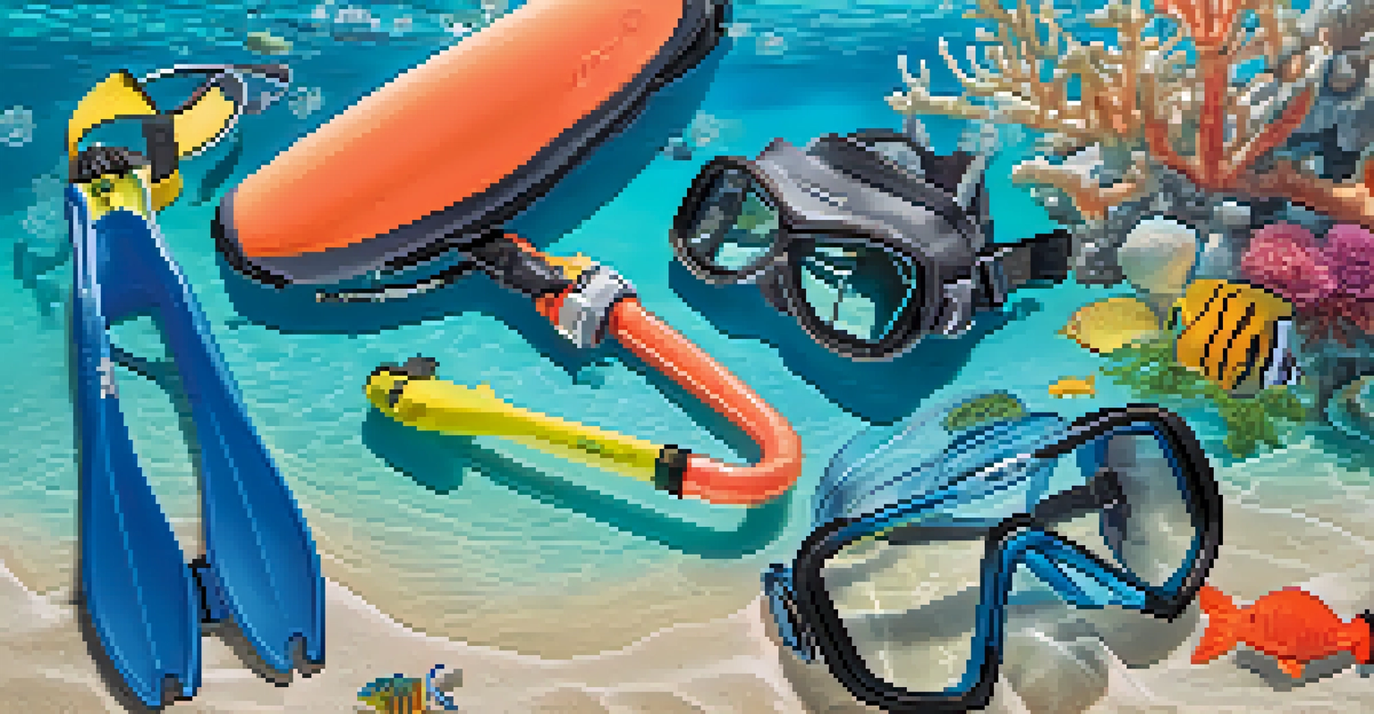 Snorkeling gear including a mask, snorkel, fins, and a waterproof camera on a sandy beach with clear waters and coral reefs in the background.