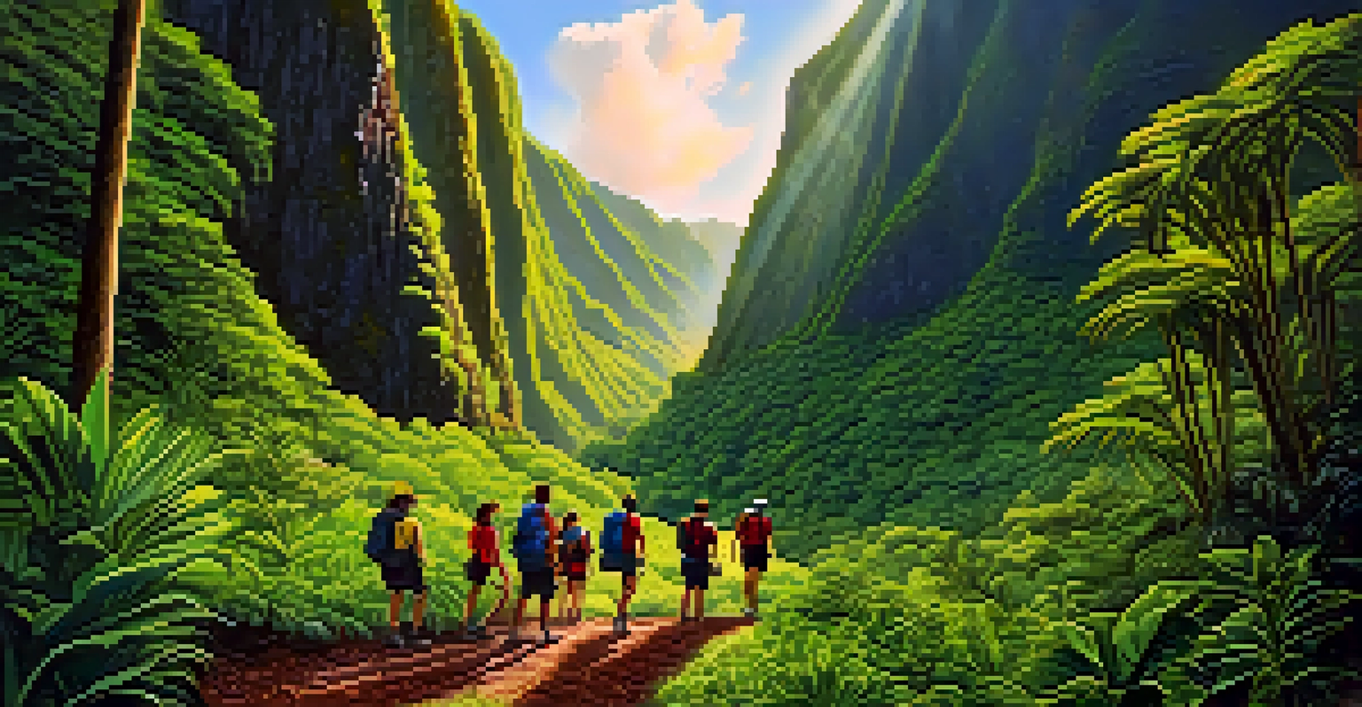 A group of young hikers enjoying a lush Hawaiian trail surrounded by tropical vegetation and cliffs.