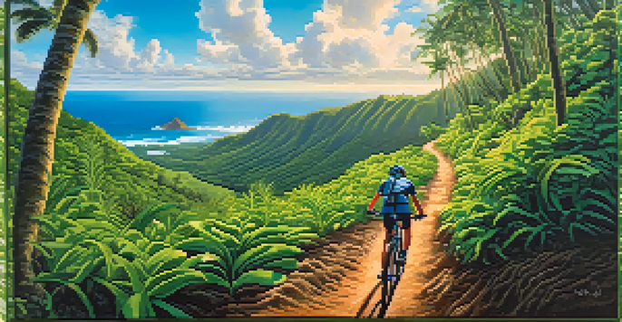 A cyclist riding through a lush rainforest on the Maunawili Trail in Oahu, with panoramic coastal views in the background and sunlight filtering through the trees.