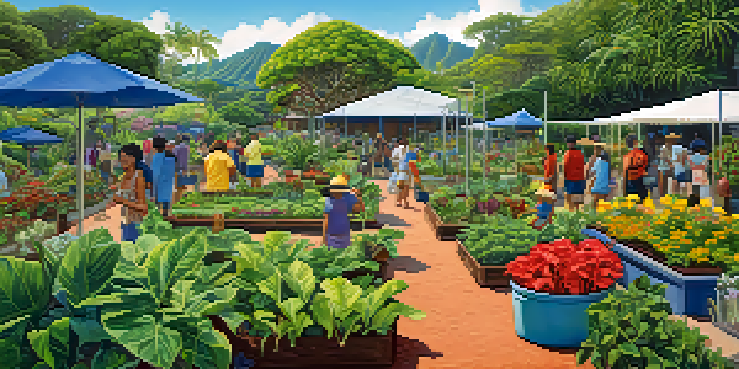 A lively community garden in Hawaii with diverse plants and residents tending to the garden under the sun.