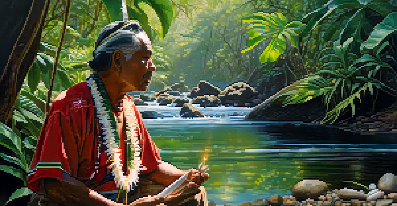 A Native Hawaiian man in traditional clothing blessing a water source, surrounded by trees and a stream.