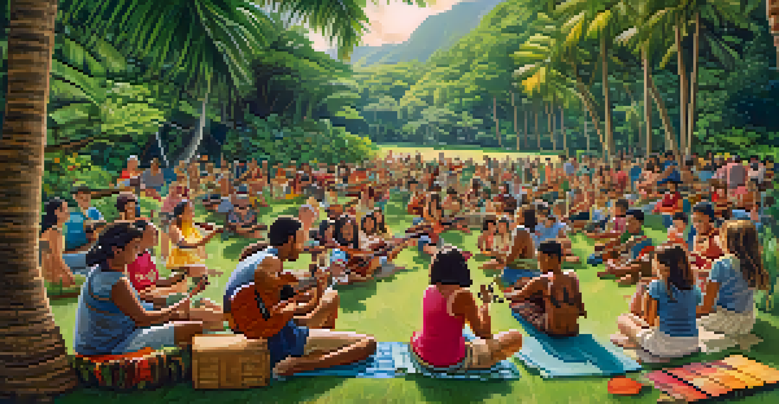 A community ukulele workshop in Hawaii, with people learning together in a lush outdoor setting.