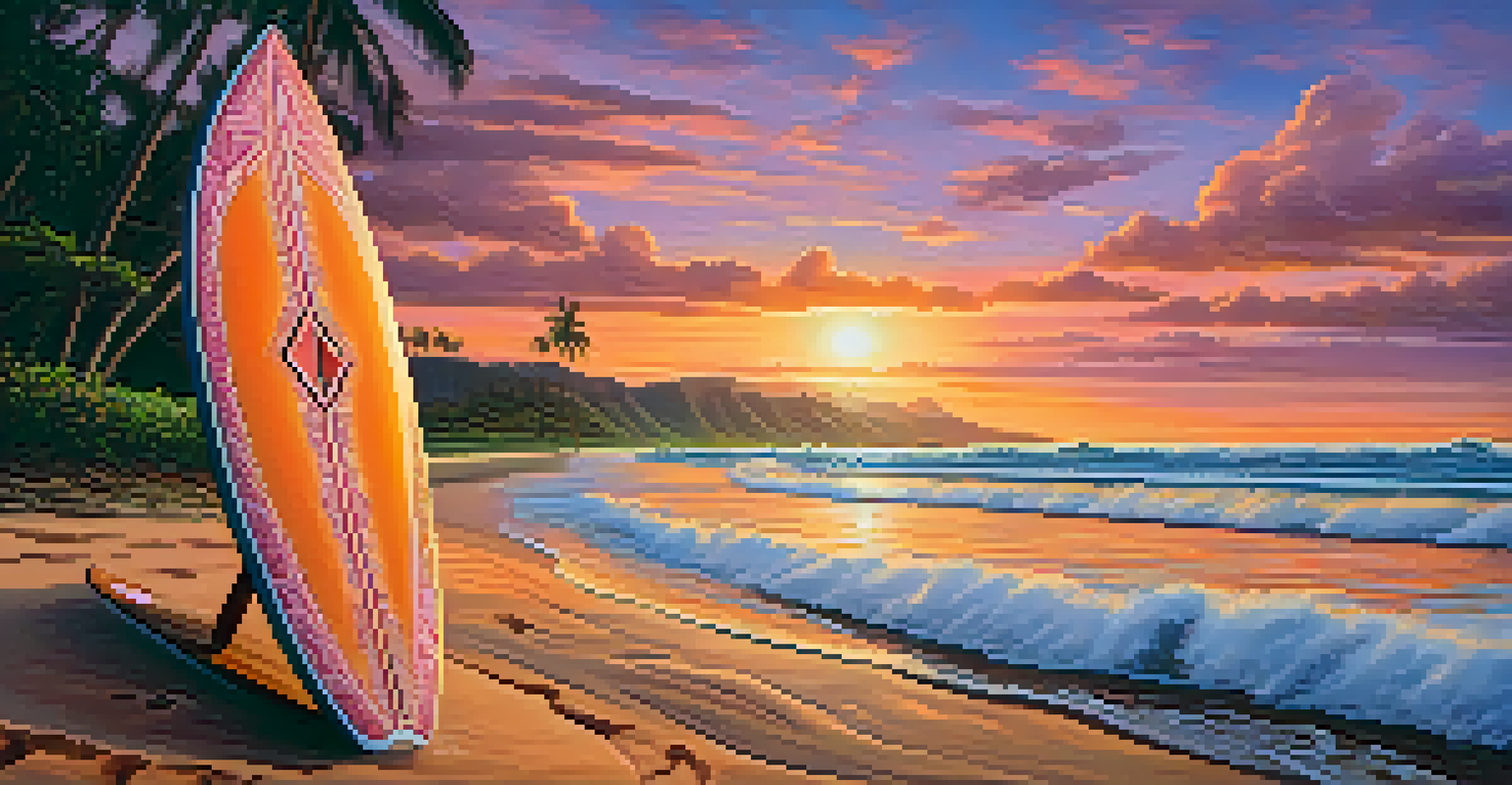 A handcrafted wooden surfboard with Hawaiian designs on the sand, with ocean waves in the background at sunset.