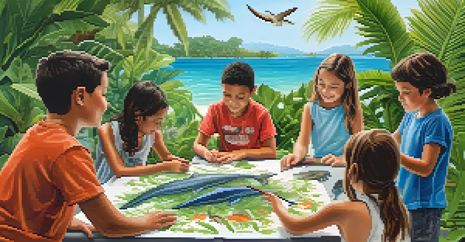 An outdoor workshop on marine conservation with children and adults learning from a marine biologist, surrounded by tropical plants and the ocean.