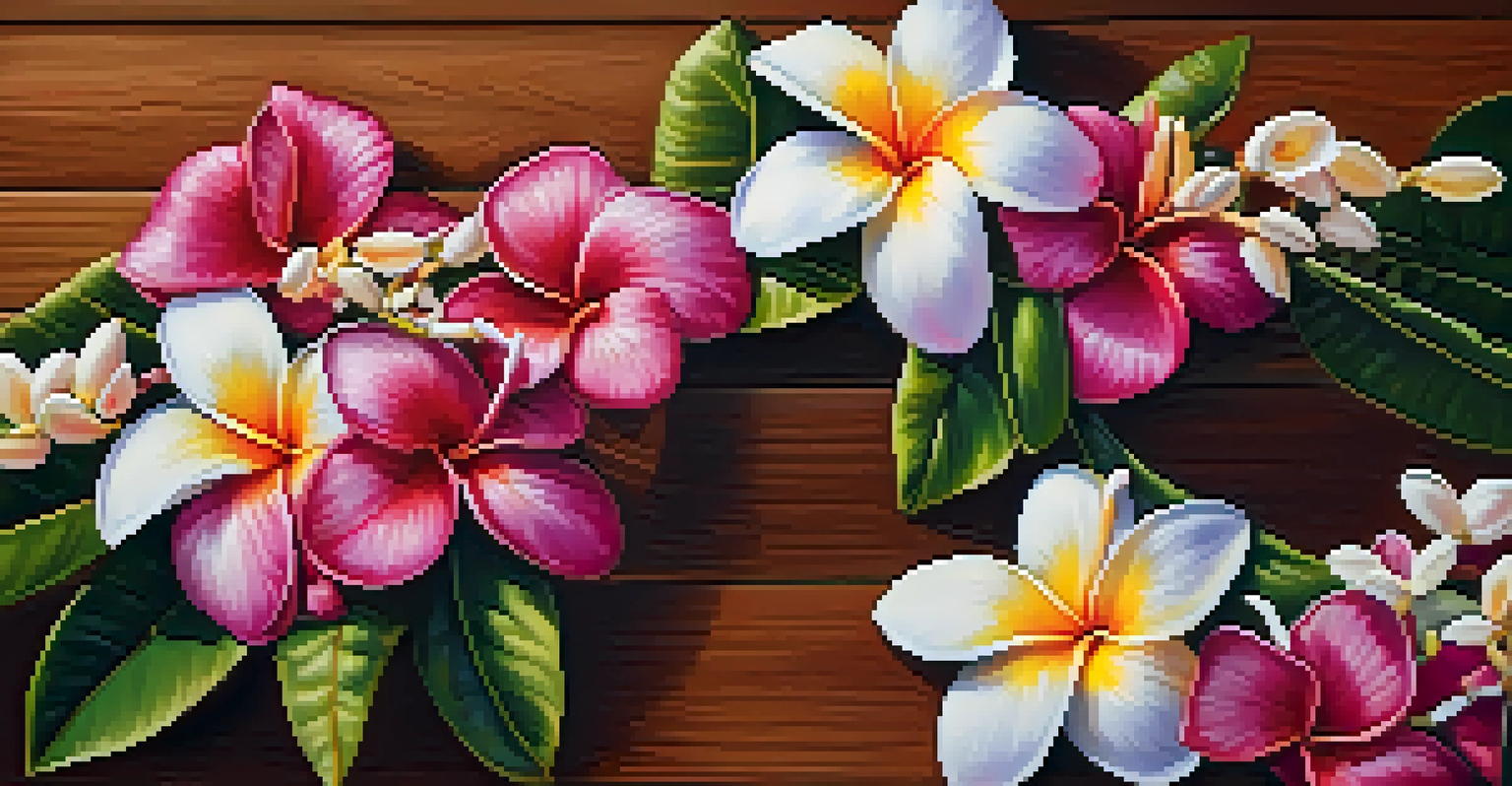 Close-up of a colorful Hawaiian lei made of plumeria and orchids, displayed on a wooden surface.
