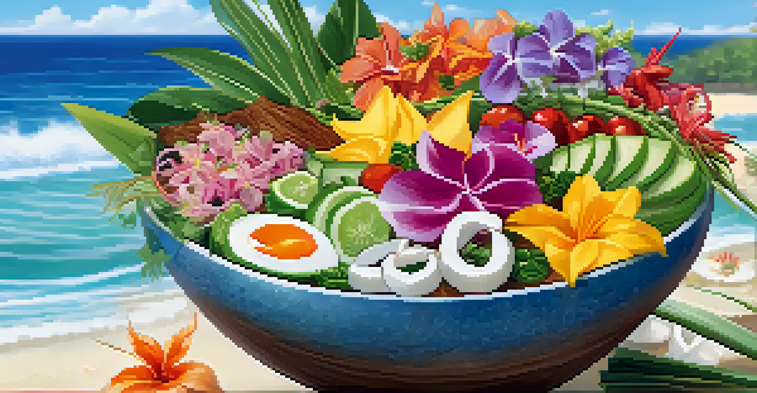 A beautiful display of plant-based Hawaiian dishes with vibrant colors against a beach backdrop.