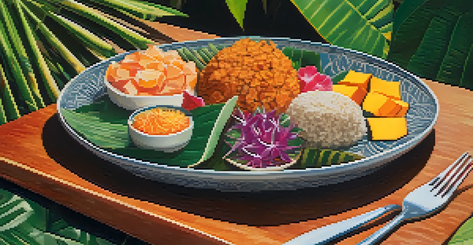 A colorful plate of traditional Hawaiian dishes including poi, roasted sweet potatoes, and poke, set against a tropical leaf background.