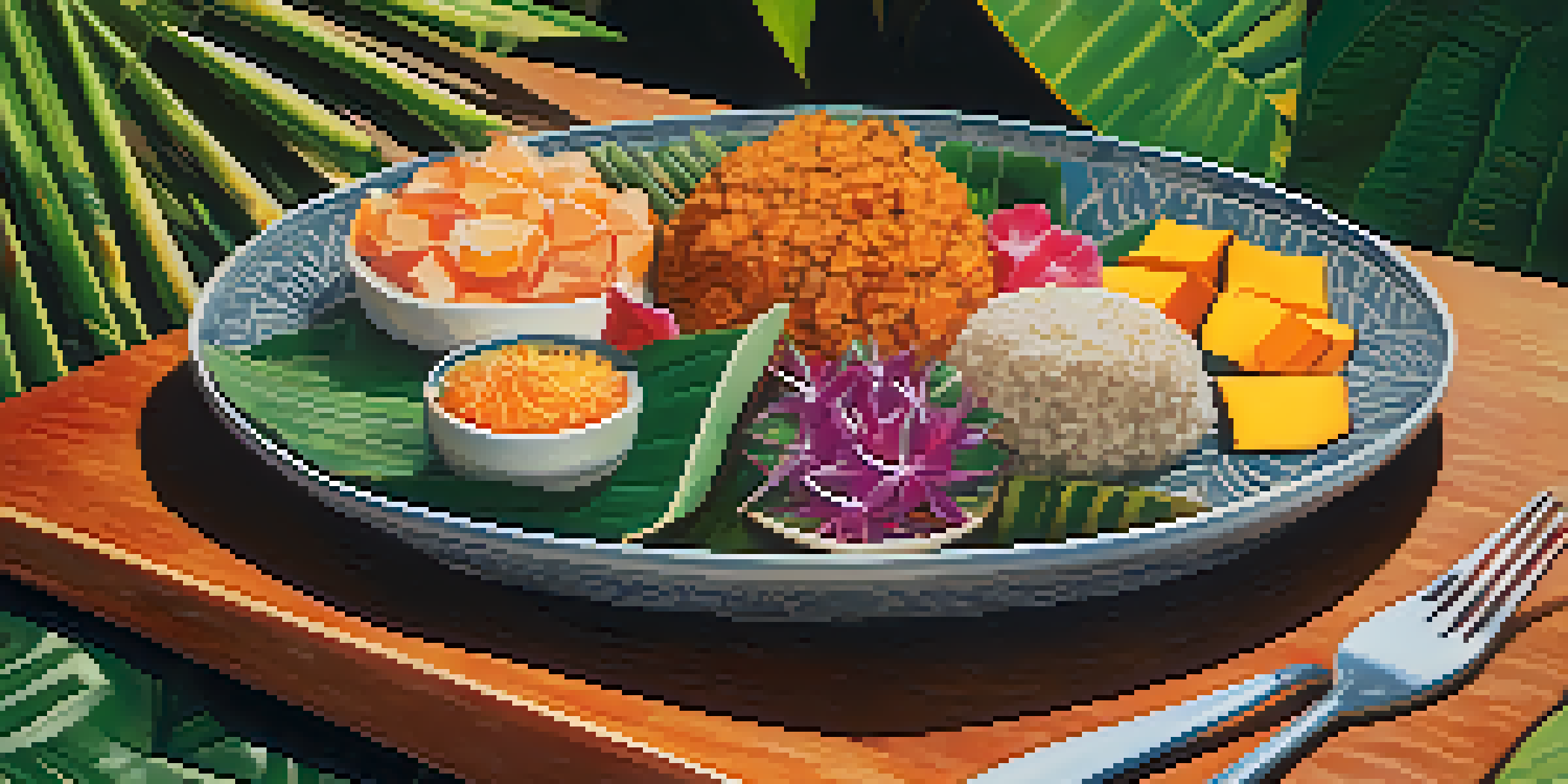 A colorful plate of traditional Hawaiian dishes including poi, roasted sweet potatoes, and poke, set against a tropical leaf background.