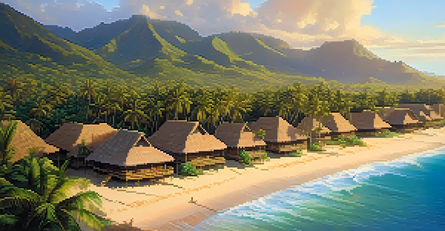 An aerial view of a Hawaiian village with palm trees and thatched-roof houses during sunset, showcasing the beauty of the landscape.