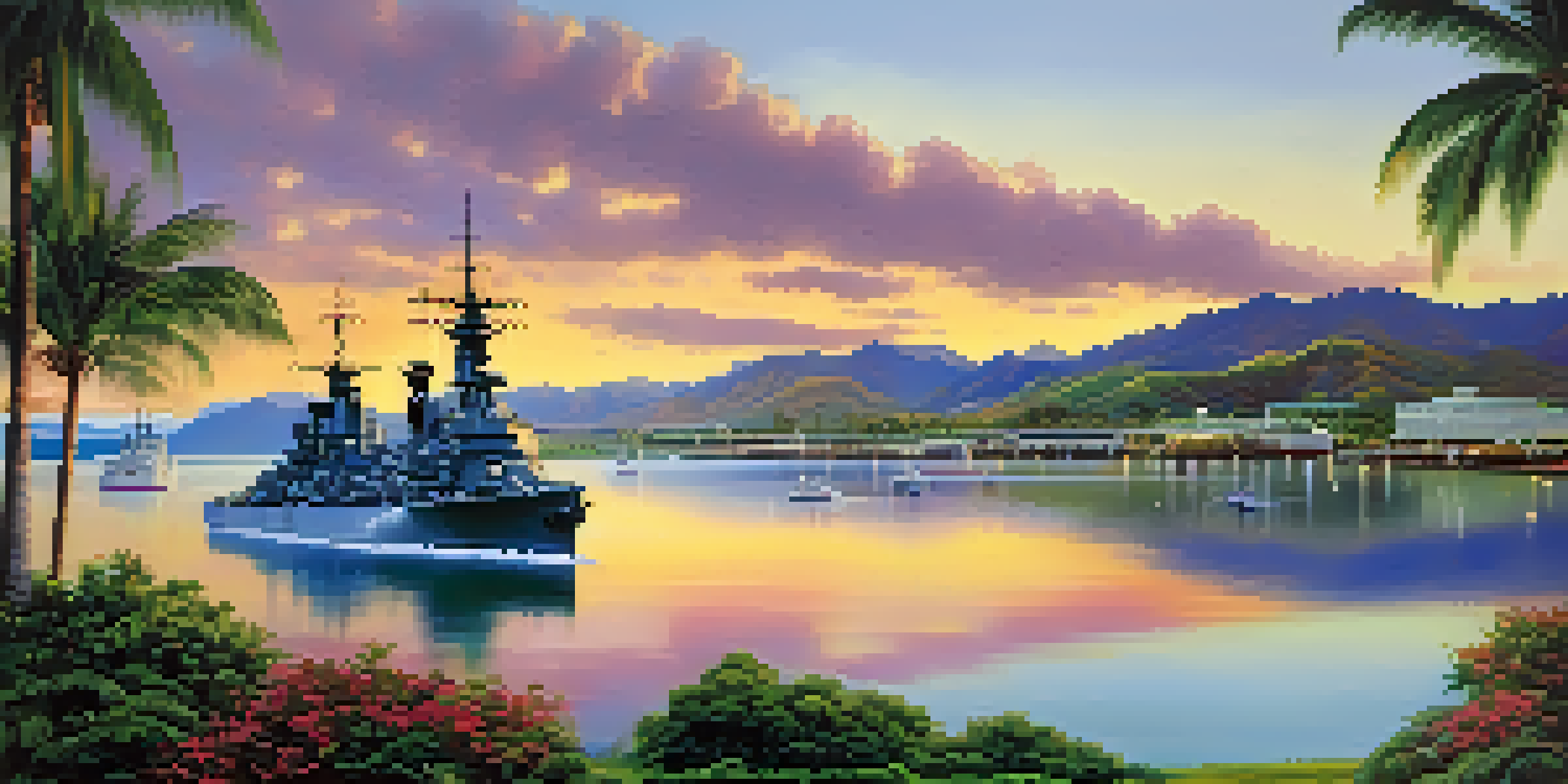 A scenic view of Pearl Harbor at sunrise, with battleships in the water and colorful sky reflections.