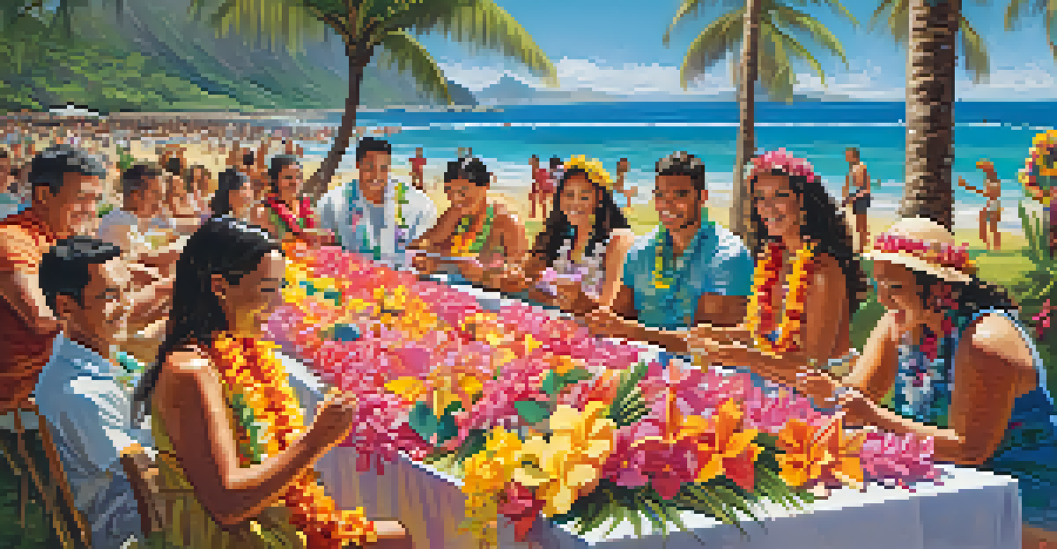 Guests engaged in a lei-making contest at a Hawaiian luau, surrounded by colorful flowers and decorations.
