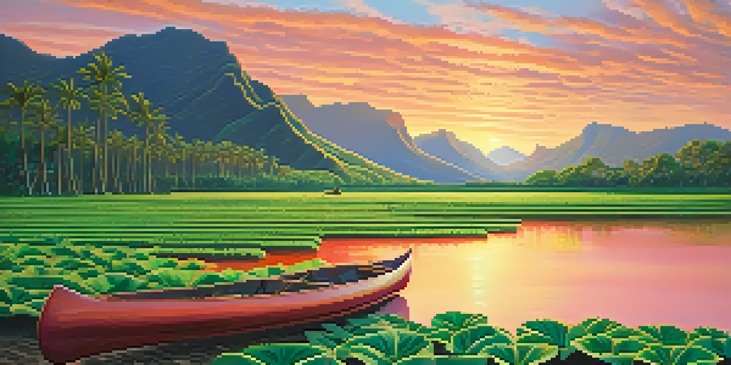 A tranquil Hawaiian landscape with green taro fields and a sunset sky, highlighting a traditional canoe on the shore.