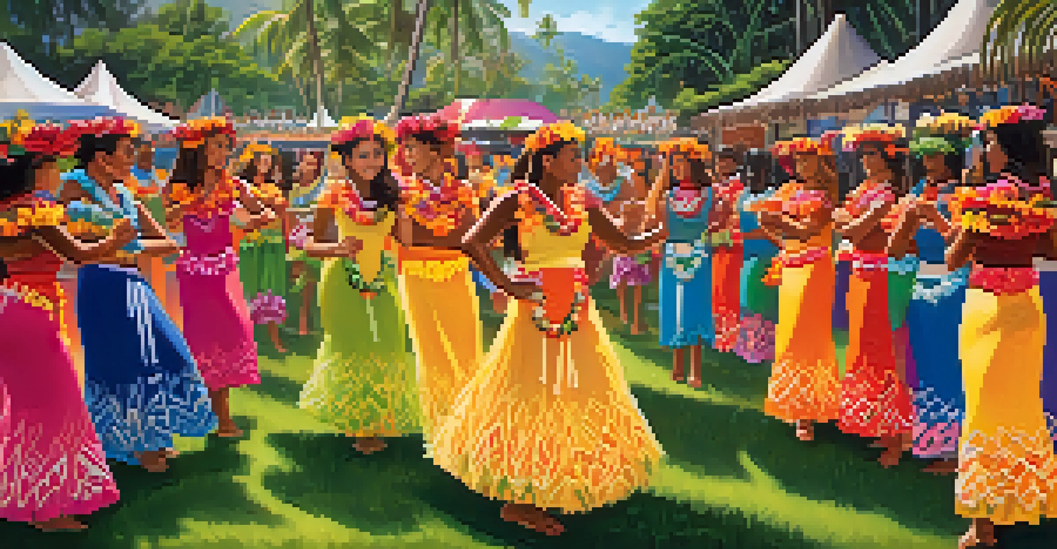 A lively Hawaiian cultural festival with hula dancers in colorful attire performing on stage surrounded by an audience.