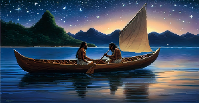 A Polynesian navigator sailing a double-hulled canoe at night, under a starry sky with the Southern Cross constellation visible.