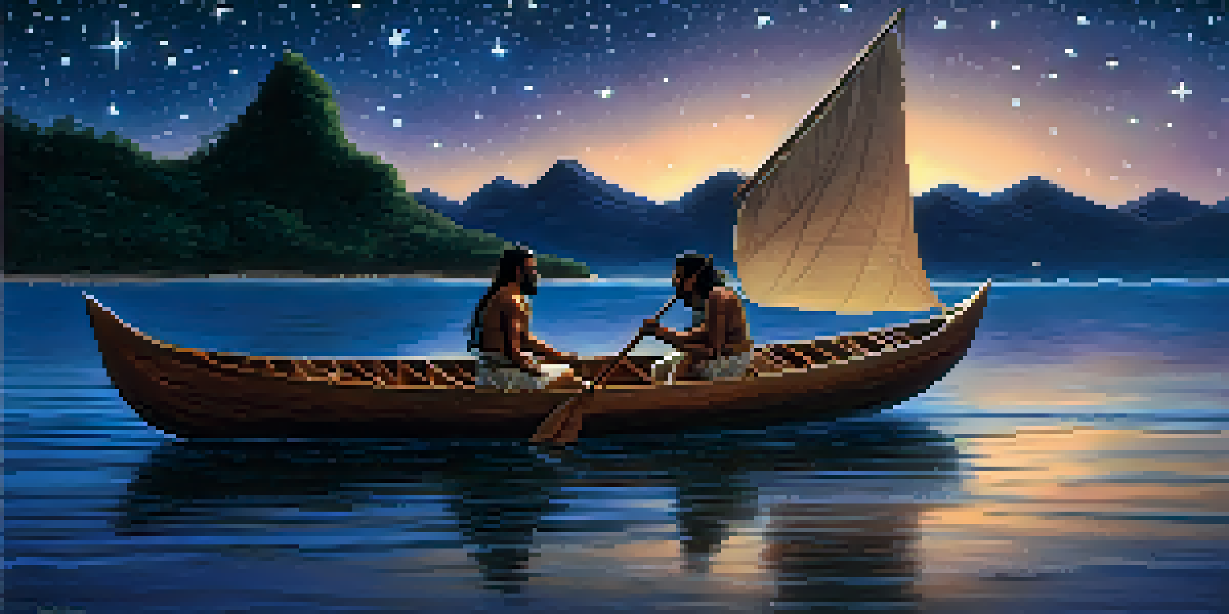 A Polynesian navigator sailing a double-hulled canoe at night, under a starry sky with the Southern Cross constellation visible.