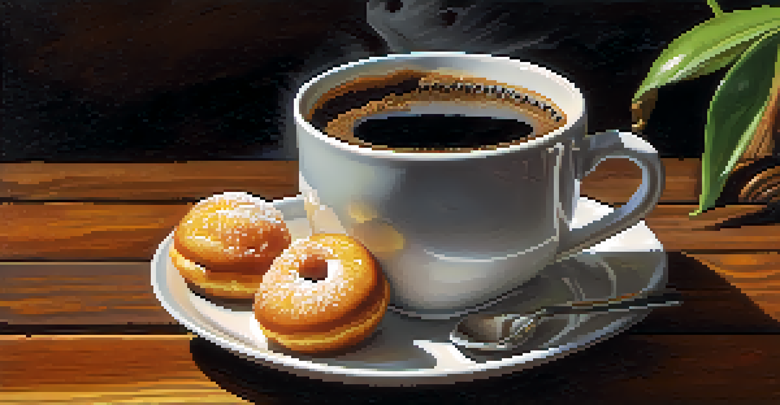 A clear glass mug of dark Kona coffee surrounded by coffee beans and local Hawaiian treats on a wooden table.
