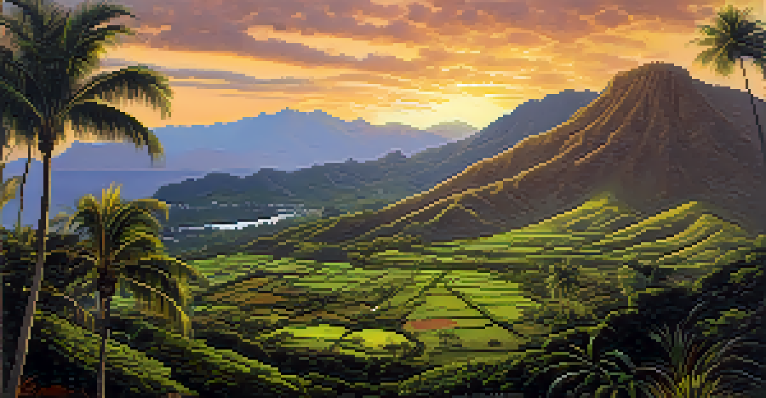 A scenic view of a Hawaiian brewery surrounded by hills, with brewing equipment and a sunset in the background.