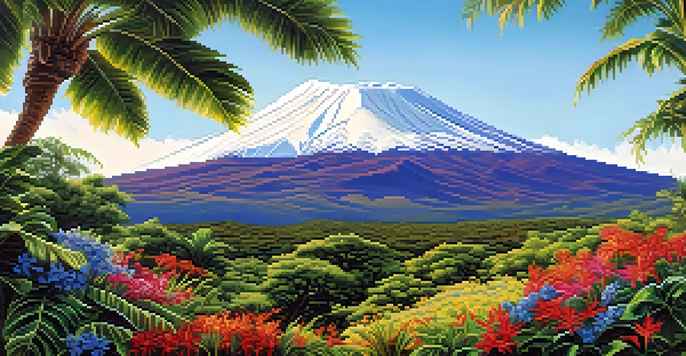 Panoramic view of Mauna Kea with a snow-capped peak, lush green vegetation, and vibrant tropical flowers under a clear blue sky.
