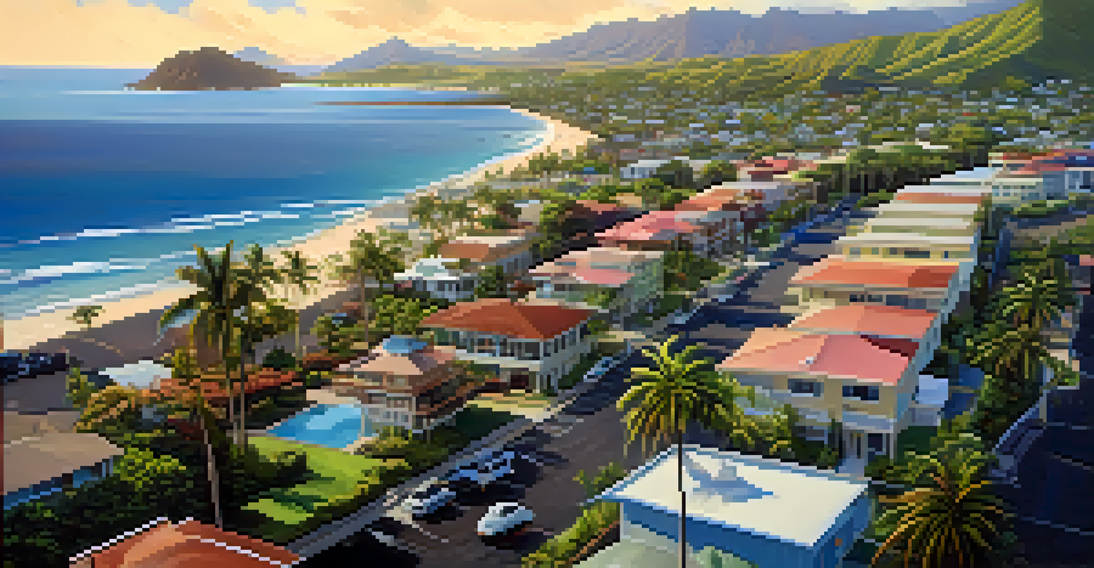 An aerial view of a Hawaiian town with ocean views, combining traditional and modern architecture.