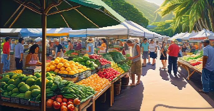 A lively farmer's market in Hawaii with farmers and tourists, displaying colorful tropical fruits and vegetables in a sunny environment.