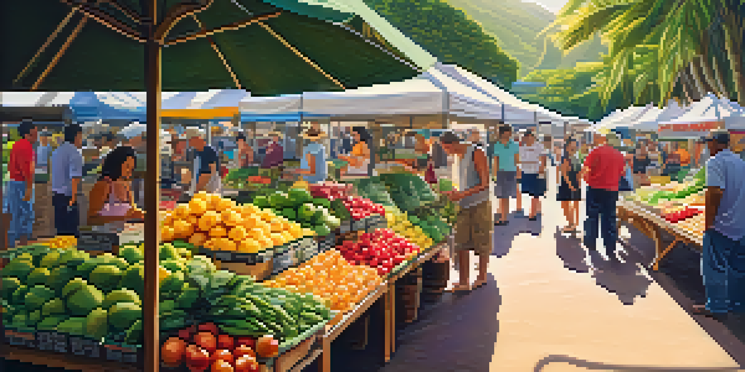 A lively farmer's market in Hawaii with farmers and tourists, displaying colorful tropical fruits and vegetables in a sunny environment.