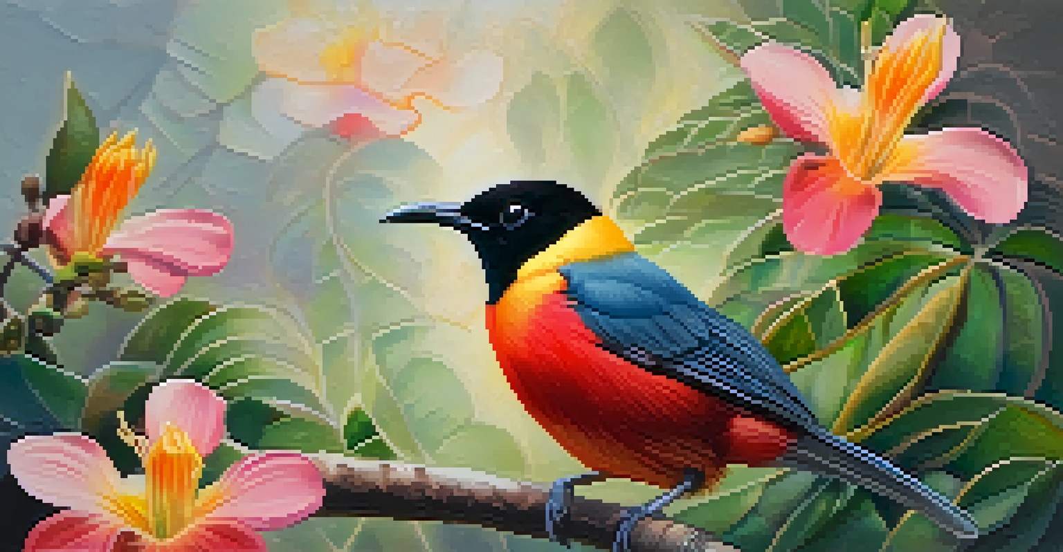 A close-up of a Hawaiian Honeycreeper perched on a branch, surrounded by colorful native flowers with sunlight filtering through the leaves.