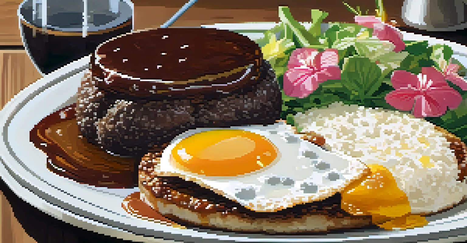 A satisfying loco moco dish with rice, hamburger patty, fried egg, and gravy, served on a wooden table.