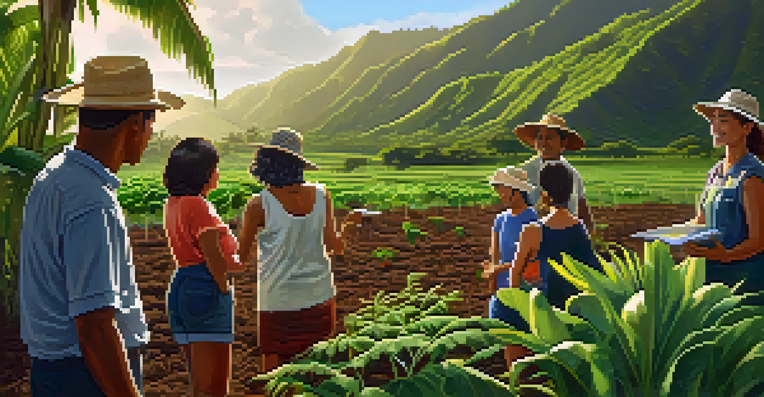 A local farmer teaching sustainable farming practices to a group of people in a Hawaiian farm setting, surrounded by tropical plants and sunlight.