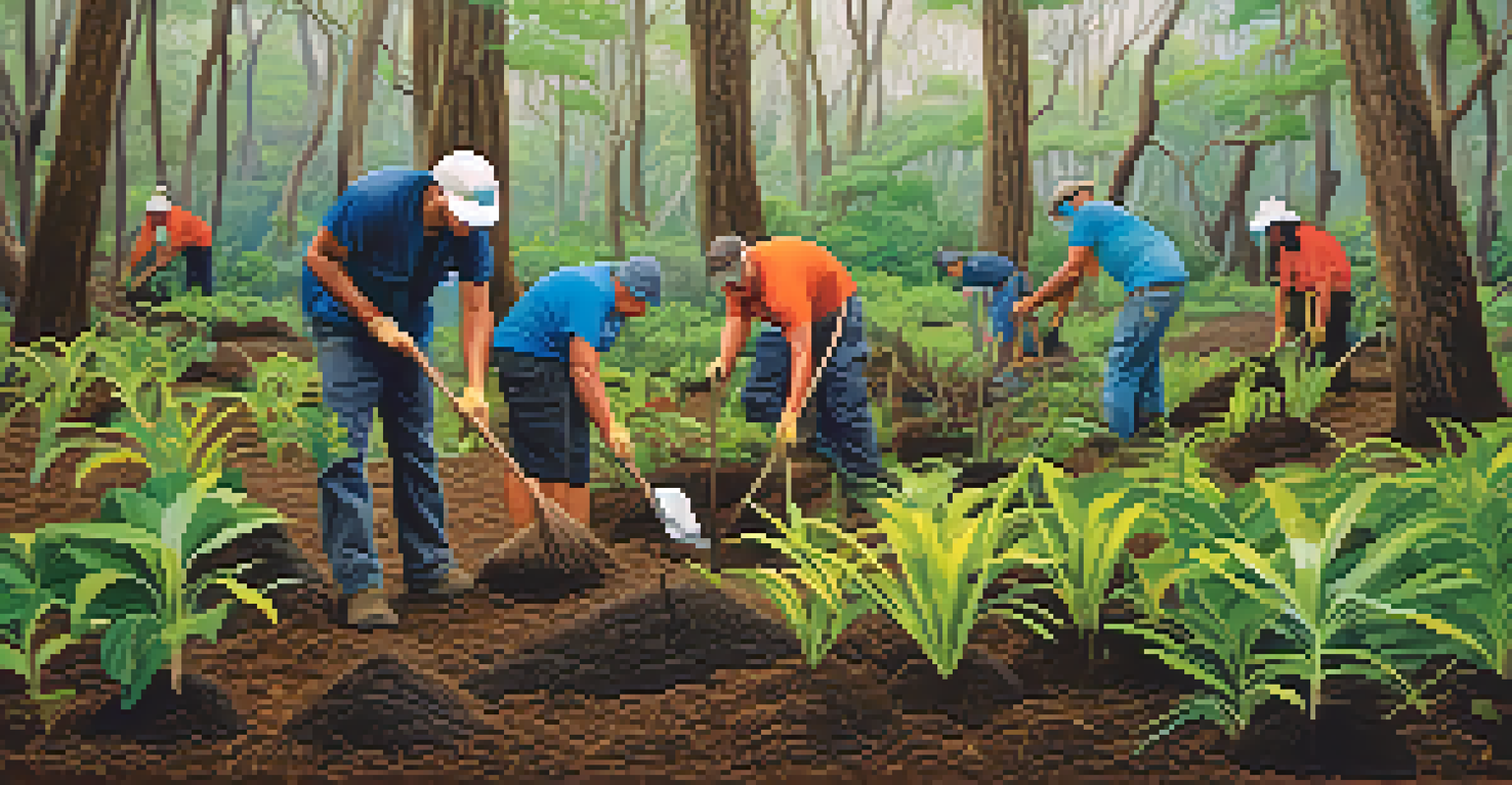 Community volunteers planting native trees in a lush Hawaiian forest, working together for conservation.
