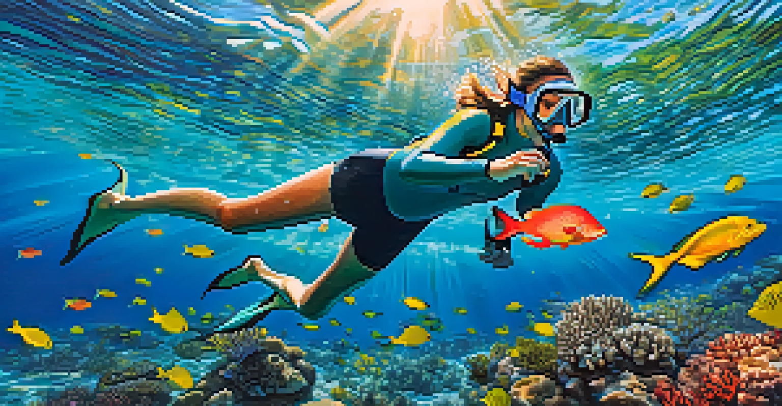 A snorkeler exploring a colorful coral reef in Hawaii, surrounded by vibrant fish and clear waters.
