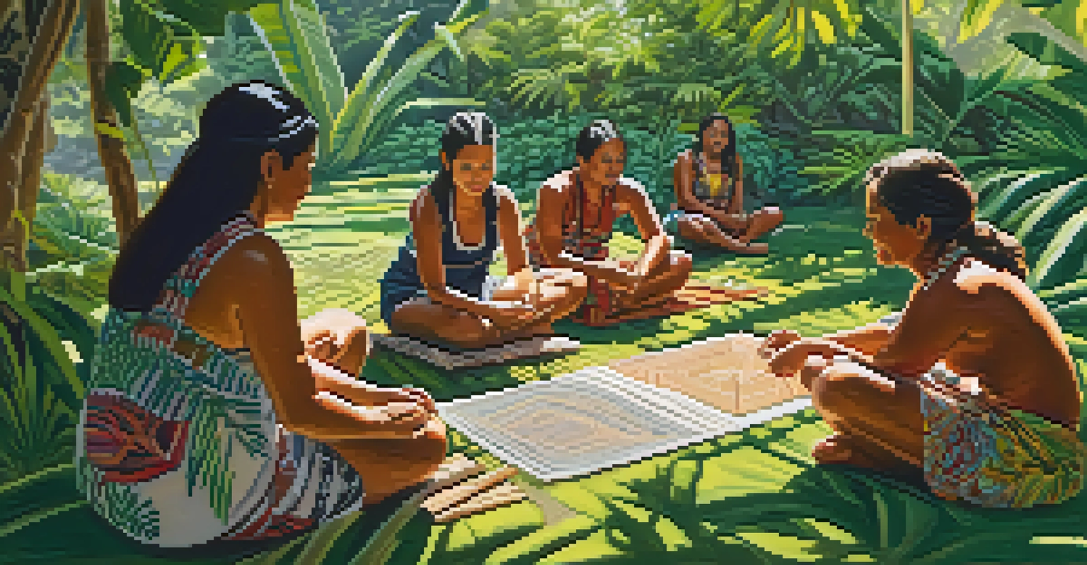 A cultural workshop in a lush garden where Native Hawaiian artisans teach weaving techniques to tourists, with sunlight filtering through the leaves.