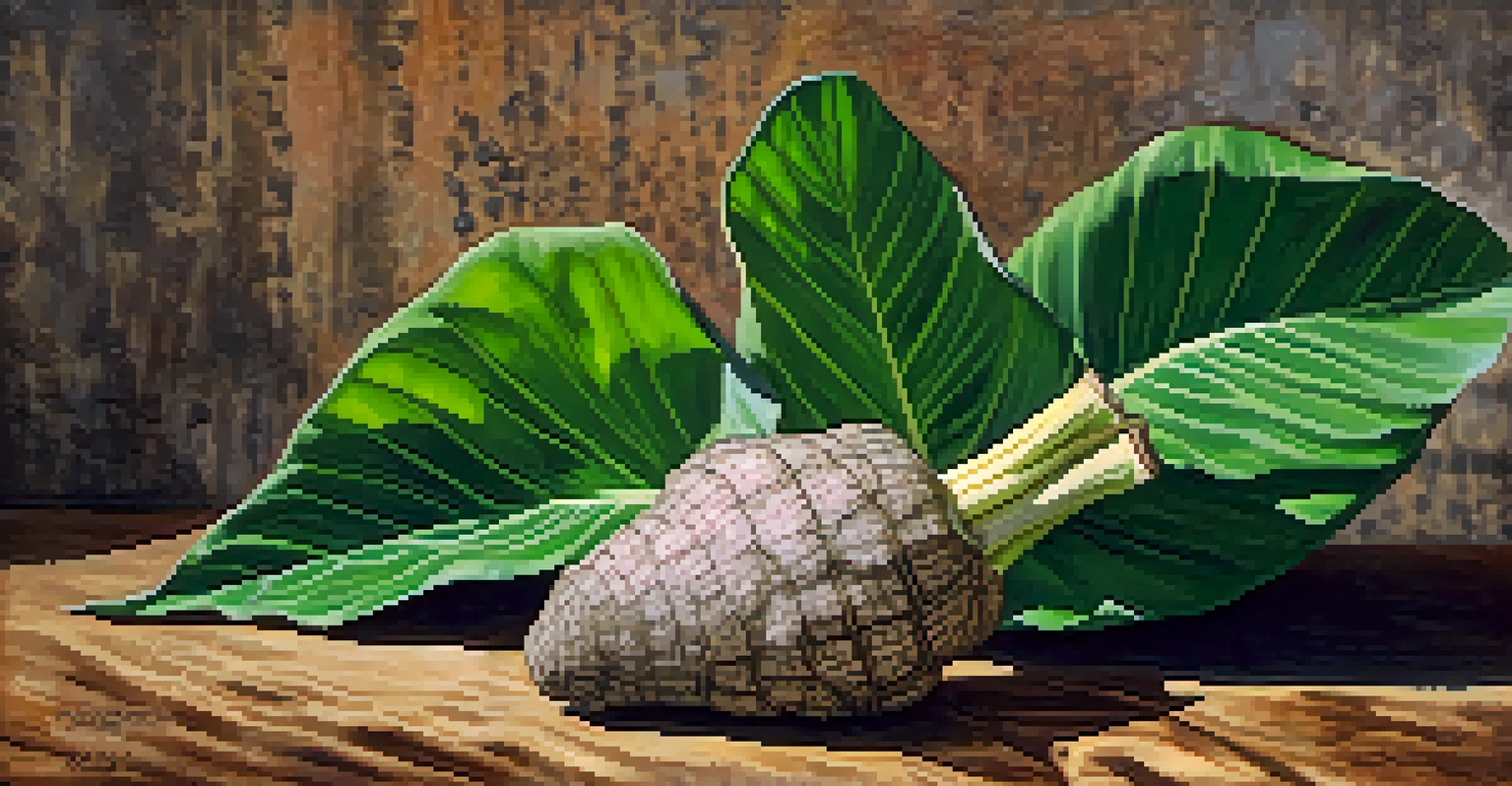 A close-up shot of taro root and its green leaves, highlighting their texture and colors in a natural setting.