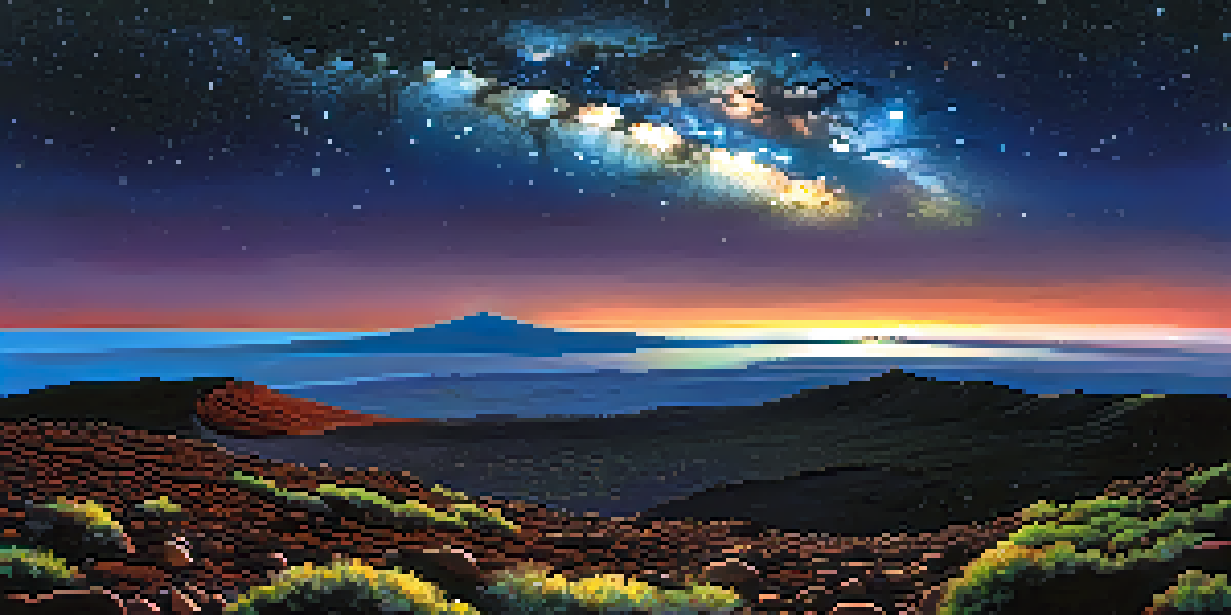 A night view from Mauna Kea in Hawaii with a clear starry sky and the Milky Way, surrounded by volcanic rocks and vegetation, illuminated by moonlight.