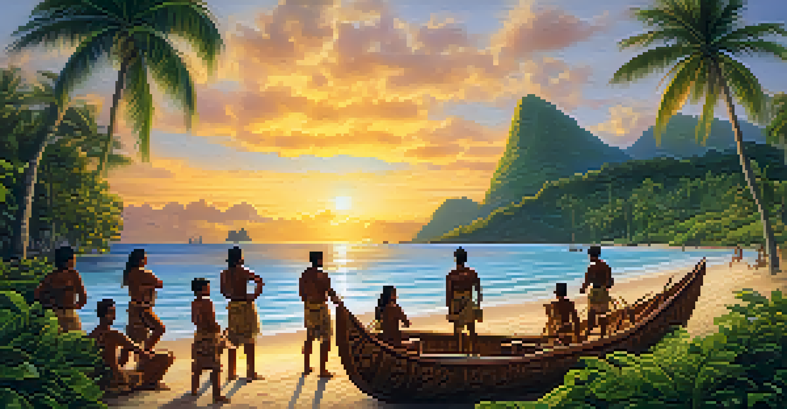 A Polynesian community working together on a beach to build a double-hulled canoe during sunset.