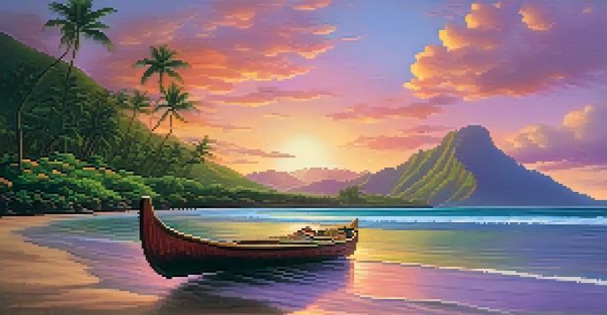 A beautiful Hawaiian landscape during sunset with green mountains, colorful tropical flowers, and a canoe in the ocean.