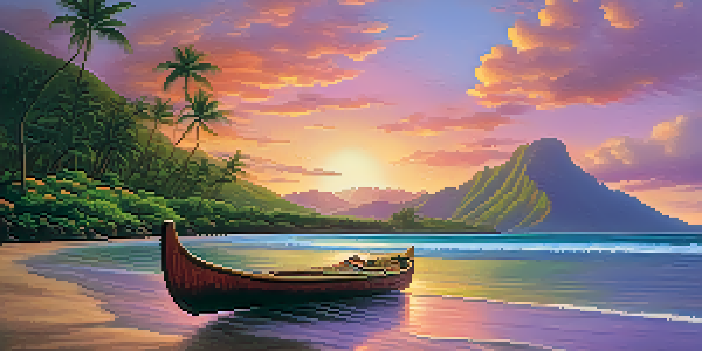 A beautiful Hawaiian landscape during sunset with green mountains, colorful tropical flowers, and a canoe in the ocean.