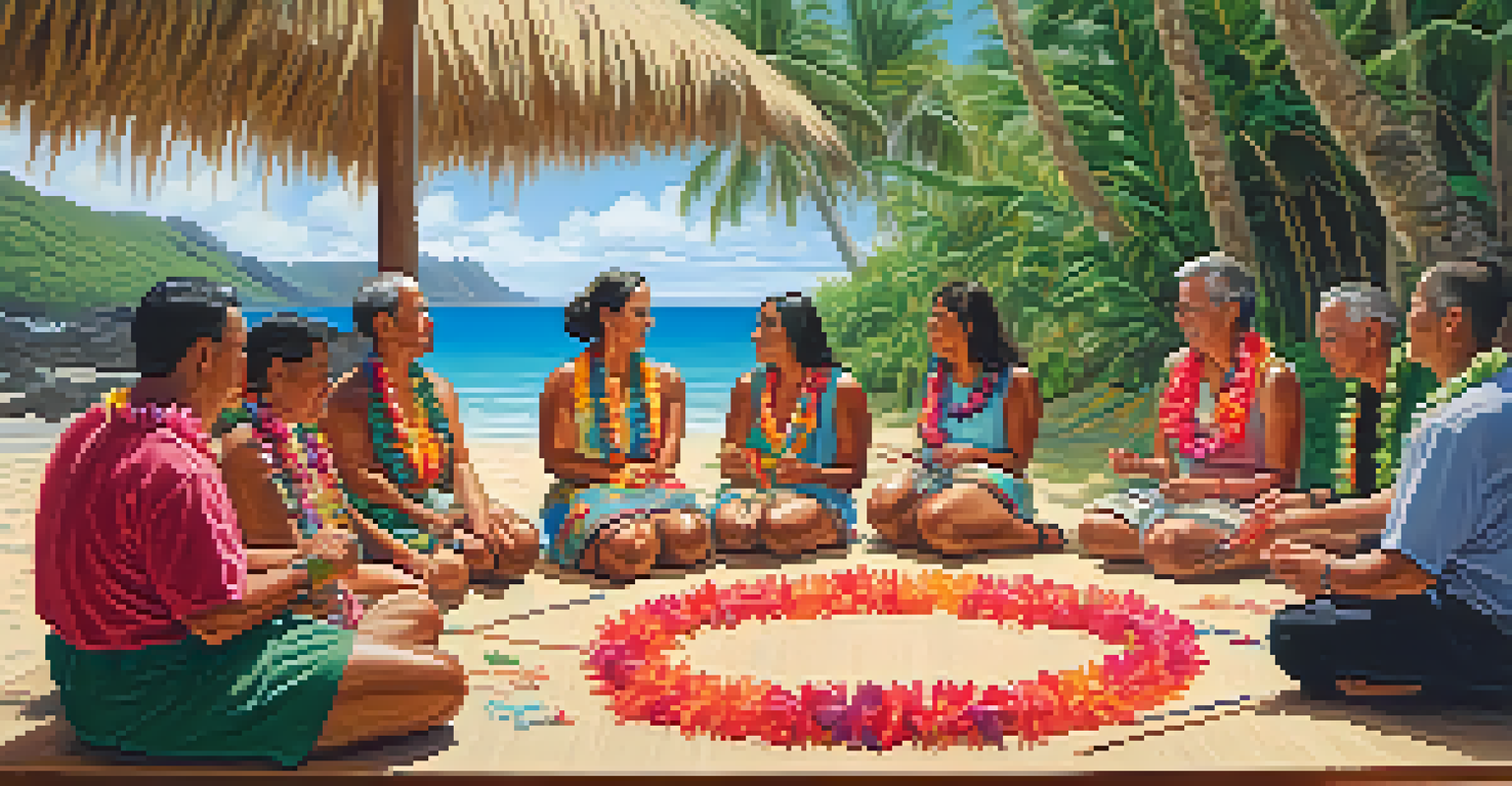 A workshop on a Hawaiian beach, where a native artist teaches visitors how to weave traditional flower leis.
