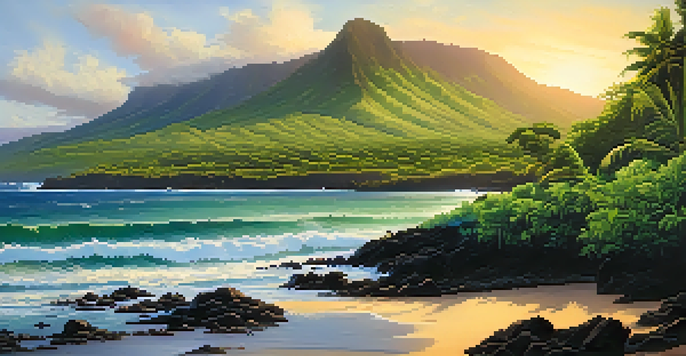 A scenic view of the Big Island of Hawaii with volcanic mountains, lush greenery, and a sunset sky.