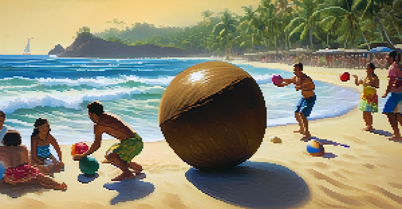 Participants enjoying a game of coconut bowling during a Hawaiian luau on a sunny beach.