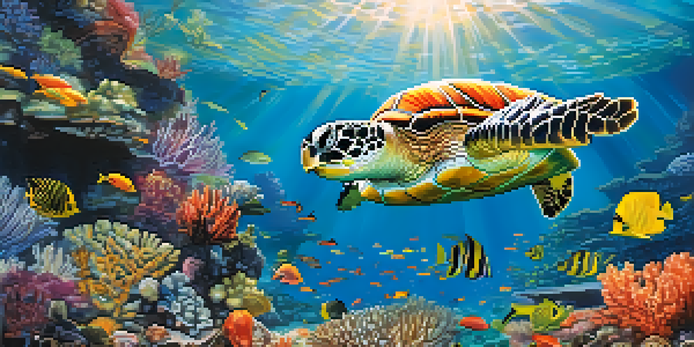 An underwater scene featuring a colorful coral reef with tropical fish and a sea turtle, illuminated by sunlight.