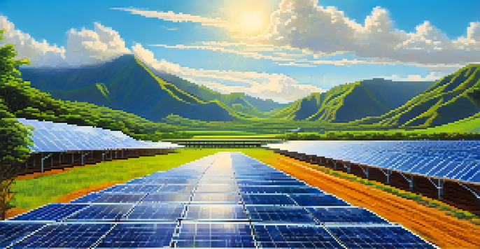 A solar farm in Hawaii featuring rows of solar panels under a clear blue sky, with green landscapes and volcanic mountains in the background.
